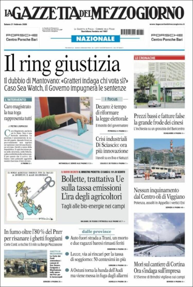 Portada de La Gazzetta del Mezzogiorno (Italia)