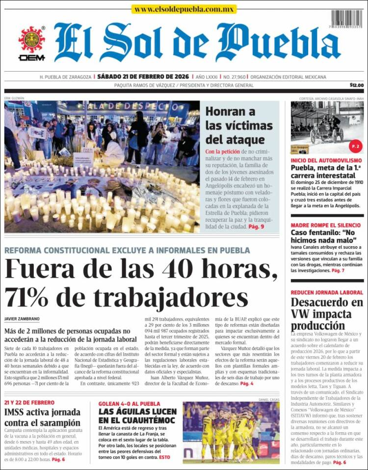 Portada de El Sol de Puebla (M&eacute;xico)