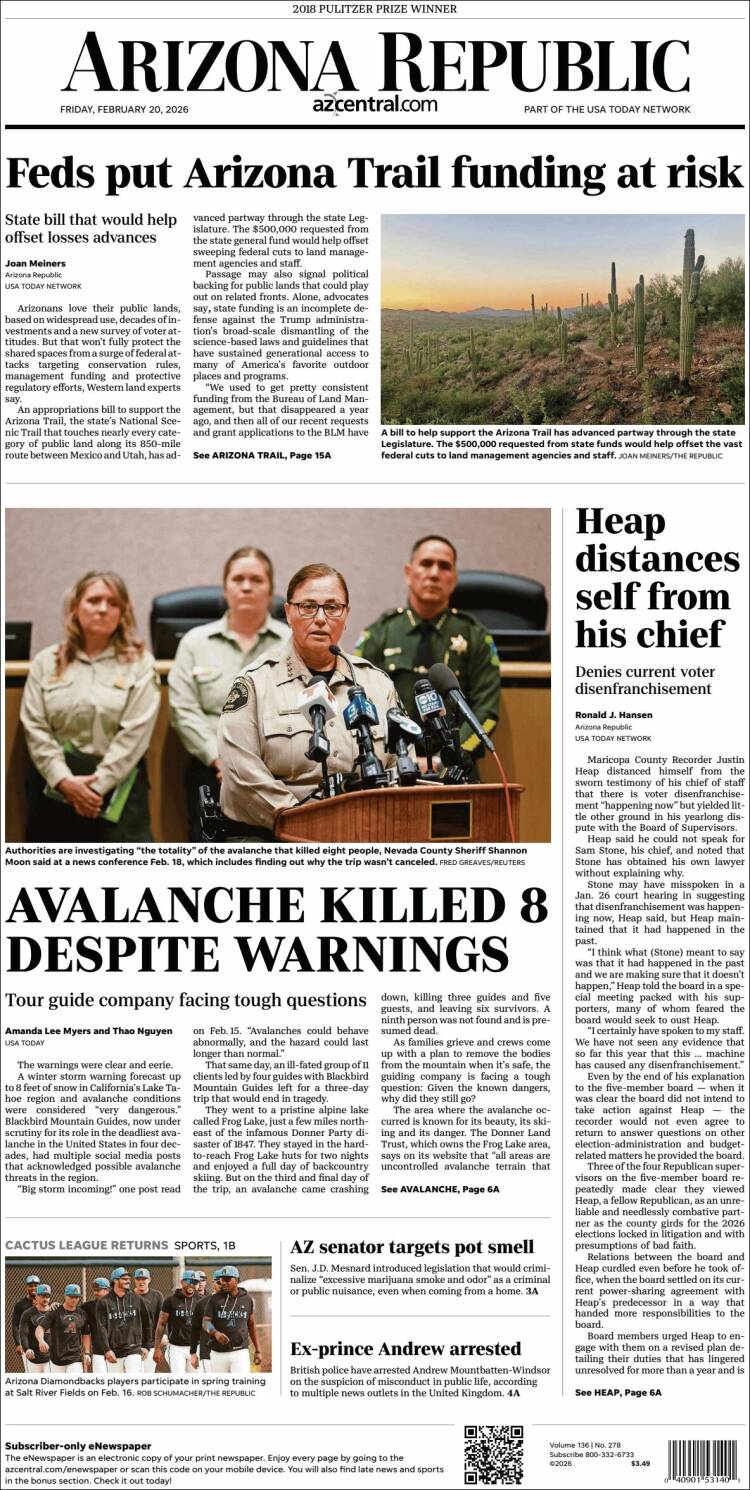 Portada de Arizona Republic News (USA)