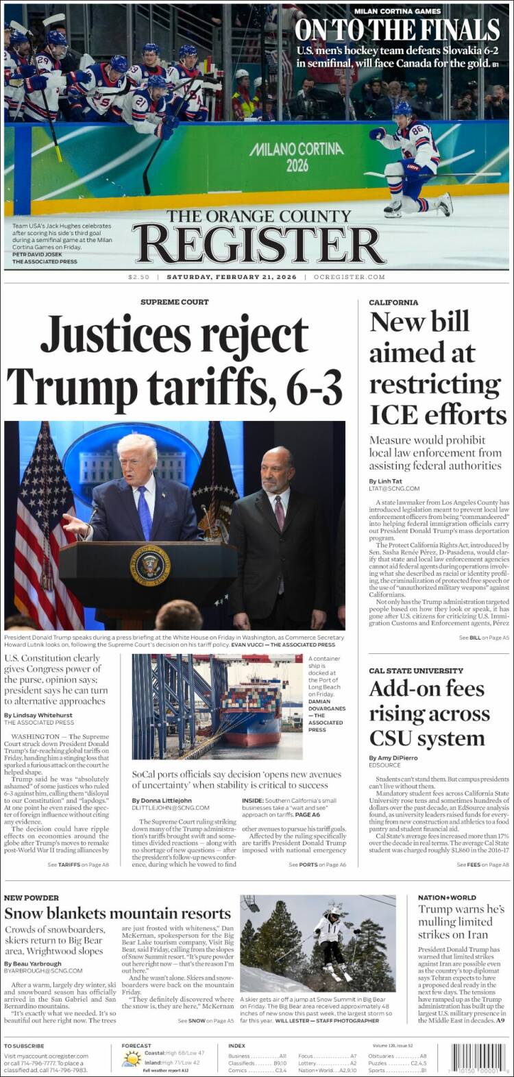 Portada de The Orange County Register (USA)