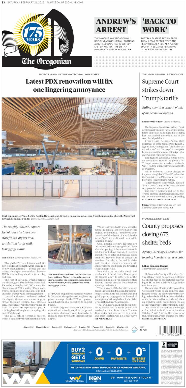 Portada de The Oregonian (USA)