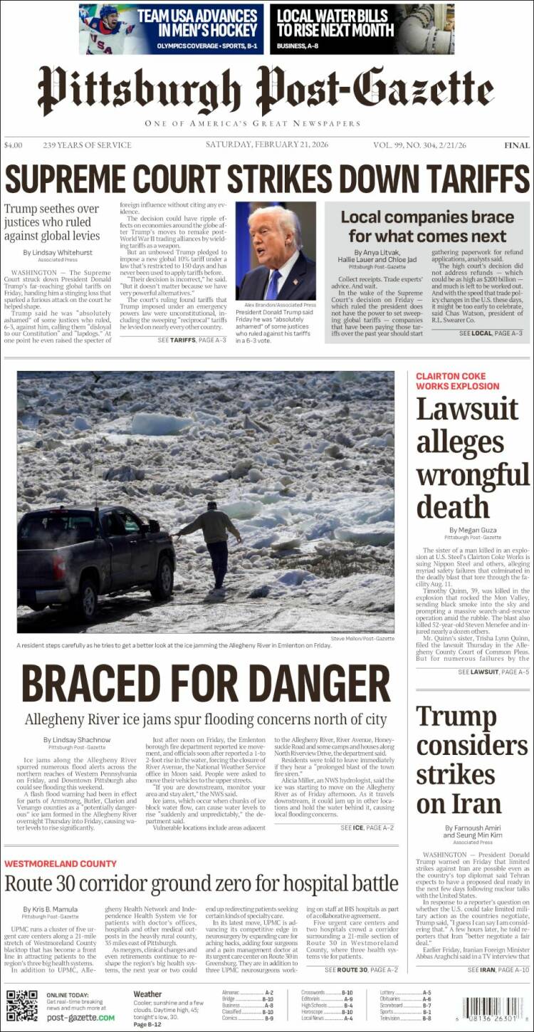 Portada de Pittsburgh Post-Gazette (USA)