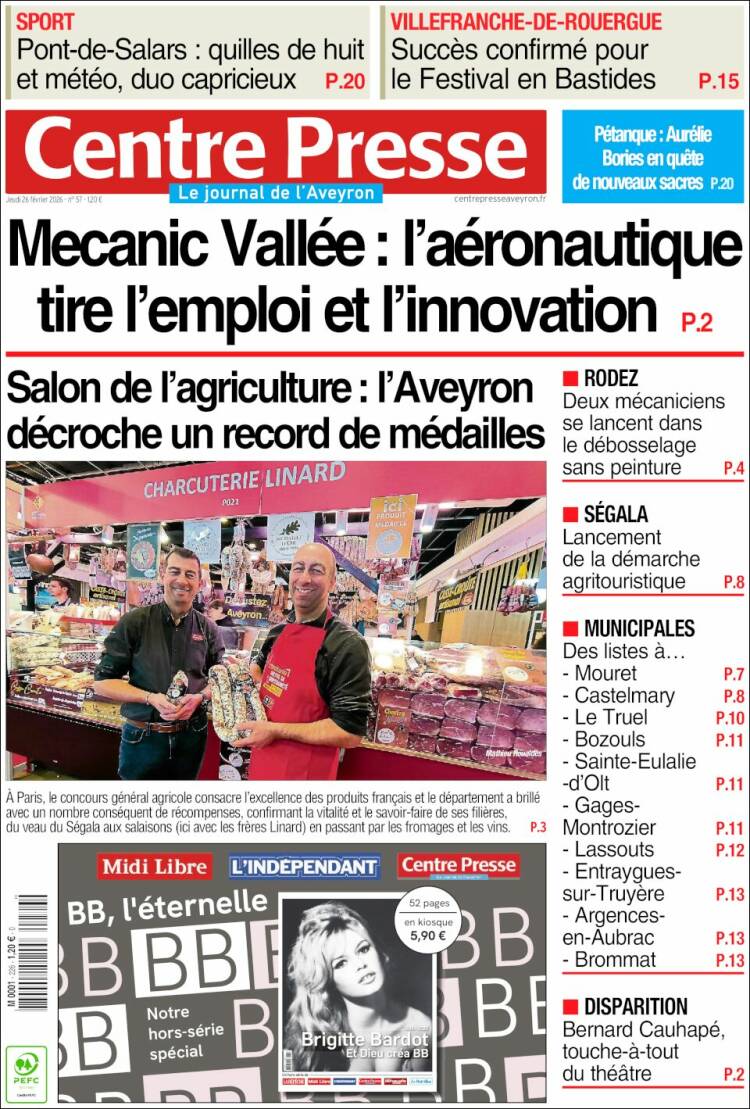 Portada de Centre Presse (Francia)