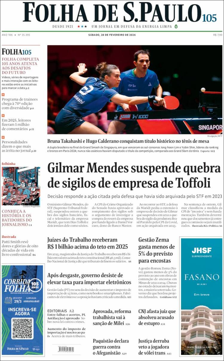 Portada de Folha de São Paulo (Brasil)