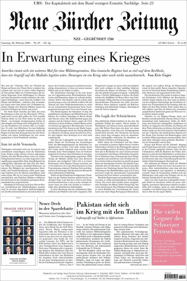 Portada de Neue Zürcher Zeitung (Suiza)