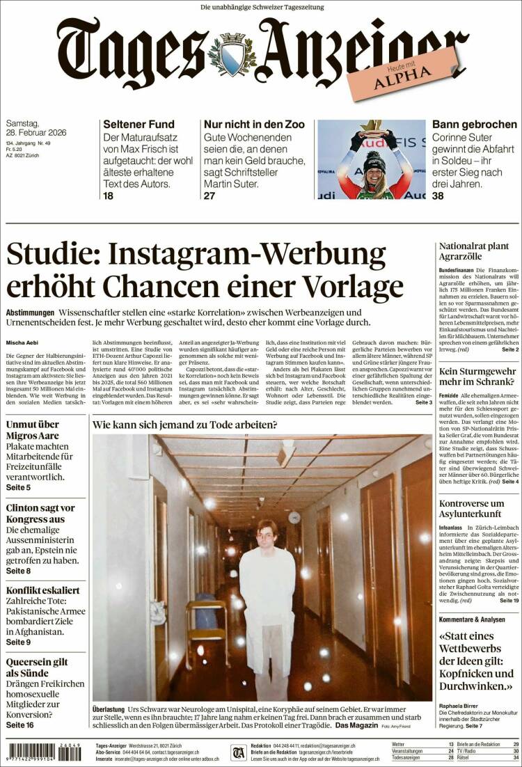 Portada de Tages-Anzeiger (Suiza)