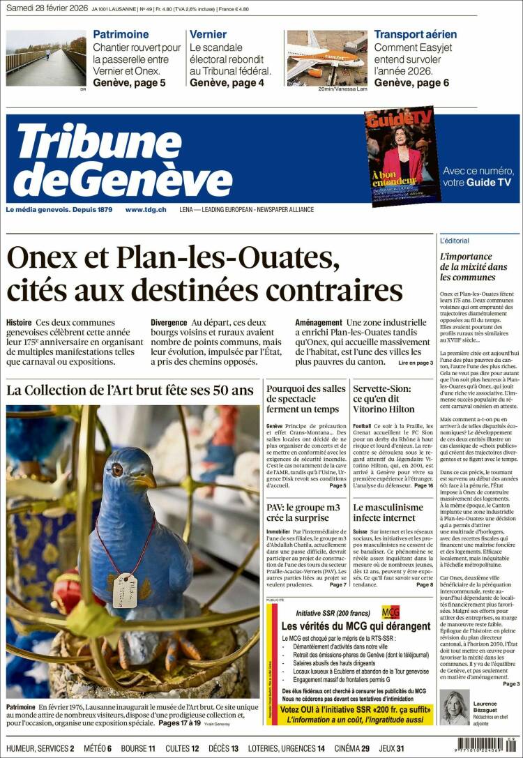 Portada de La Tribune de Genève (Suiza)