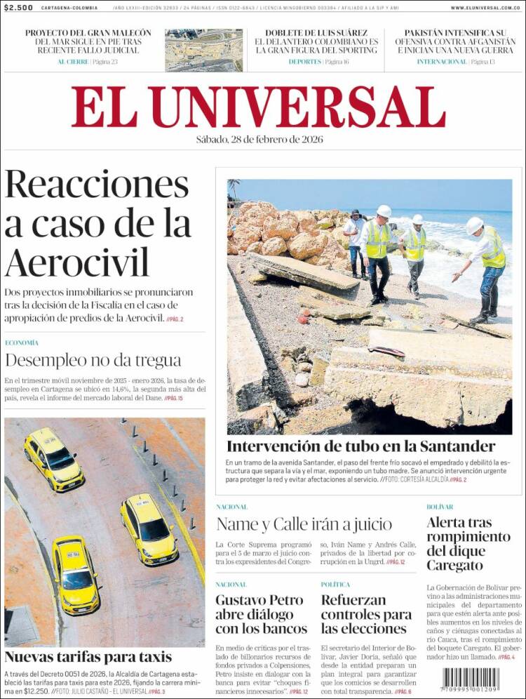 Portada de El Universal (Colombia)