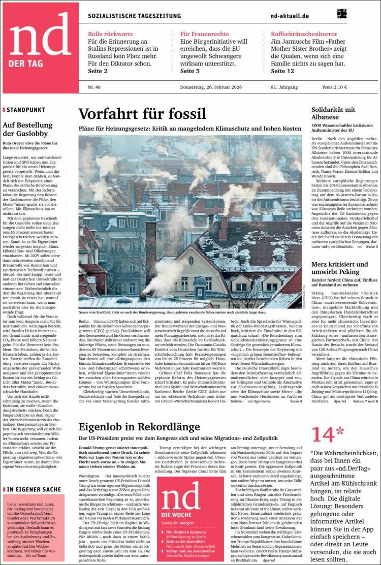 Portada de Neues Deutschland (Alemania)
