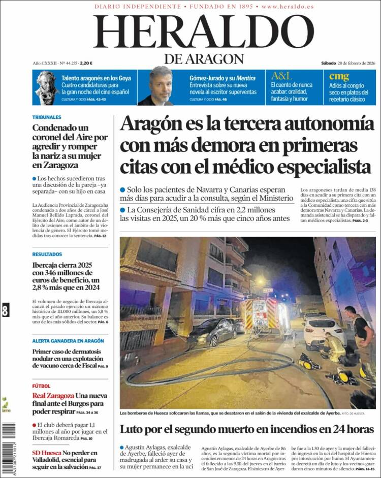 Portada de Heraldo de Aragón (Espa&ntilde;a)