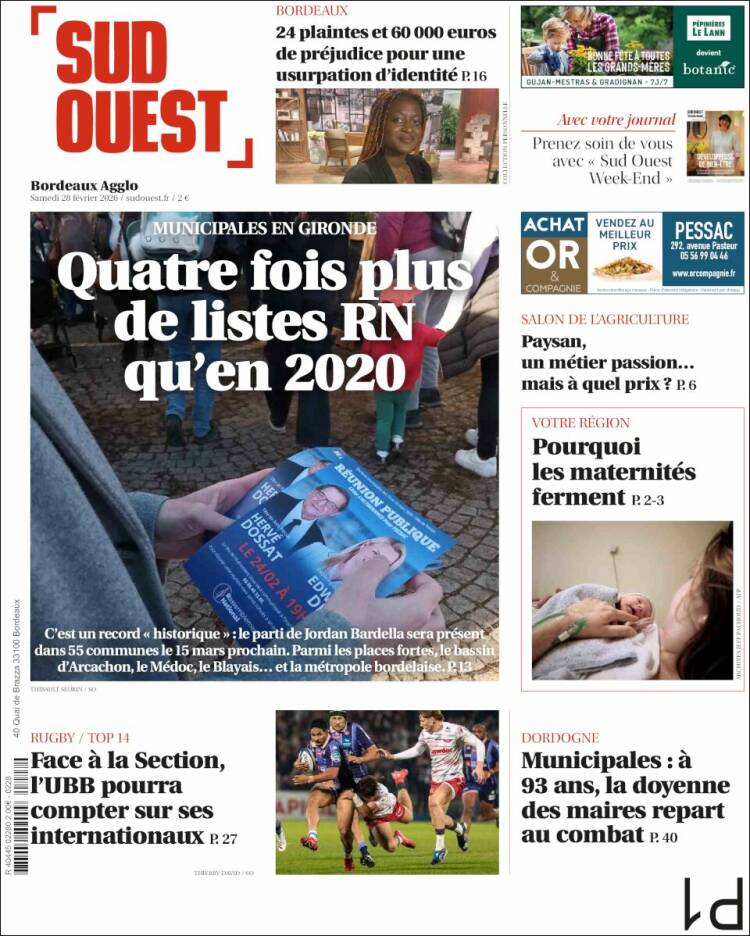 Portada de Sud Ouest (Francia)