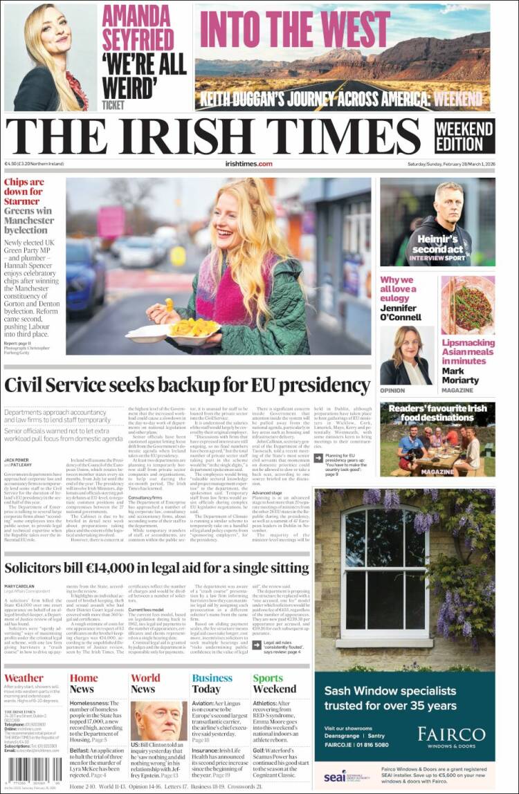 Portada de Irish Times (Irlanda)
