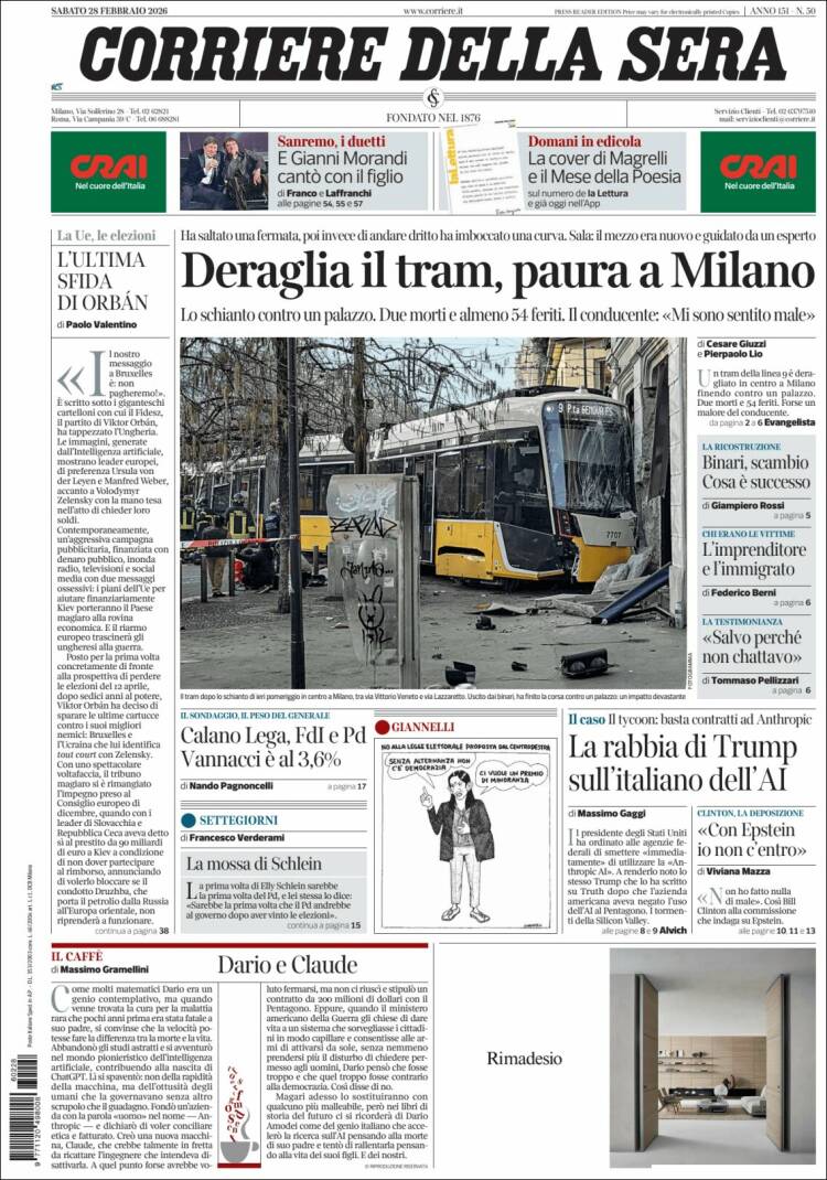 Portada de Corriere della Sera (Italia)