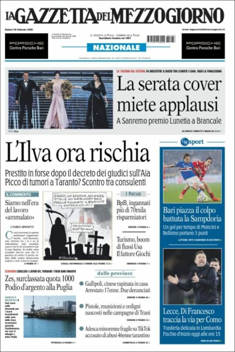 Portada de La Gazzetta del Mezzogiorno (Italia)