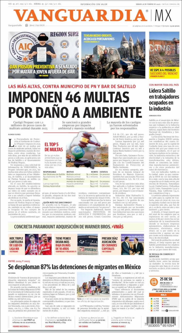 Portada de Vanguardia (M&eacute;xico)