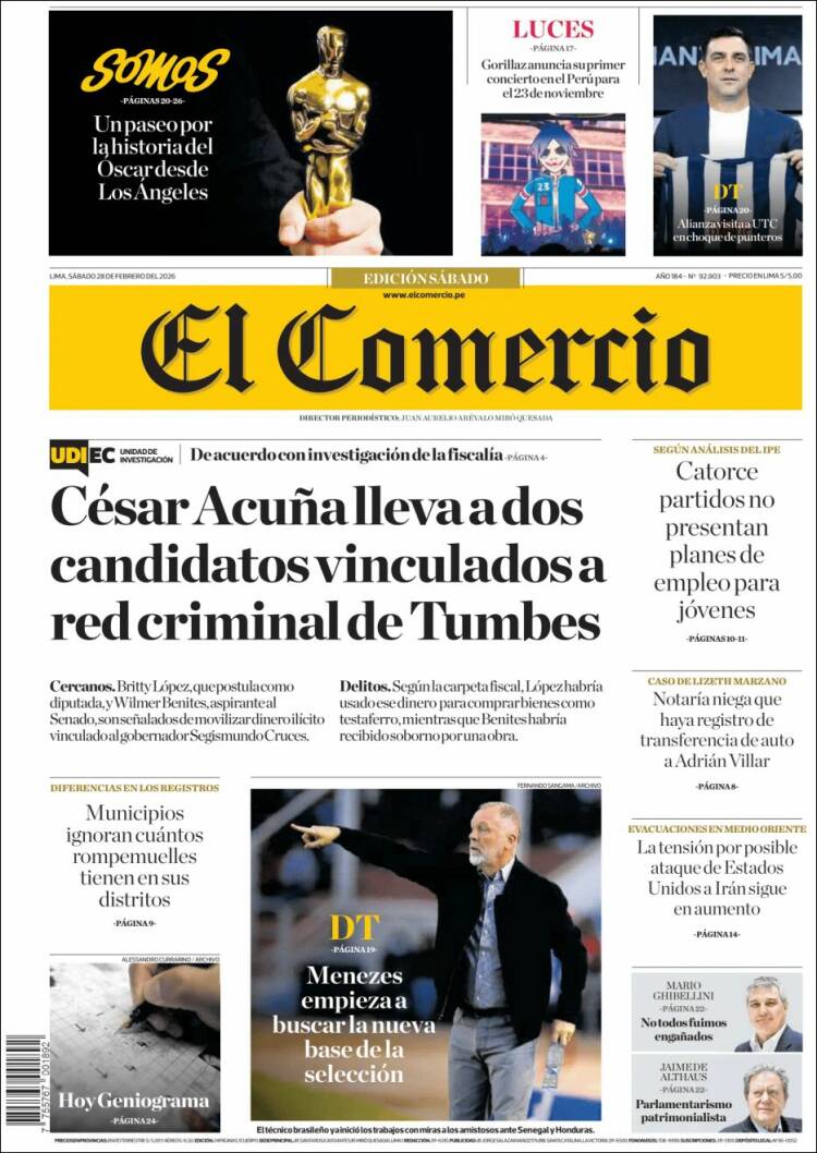Portada de El Comercio (Per&uacute;)