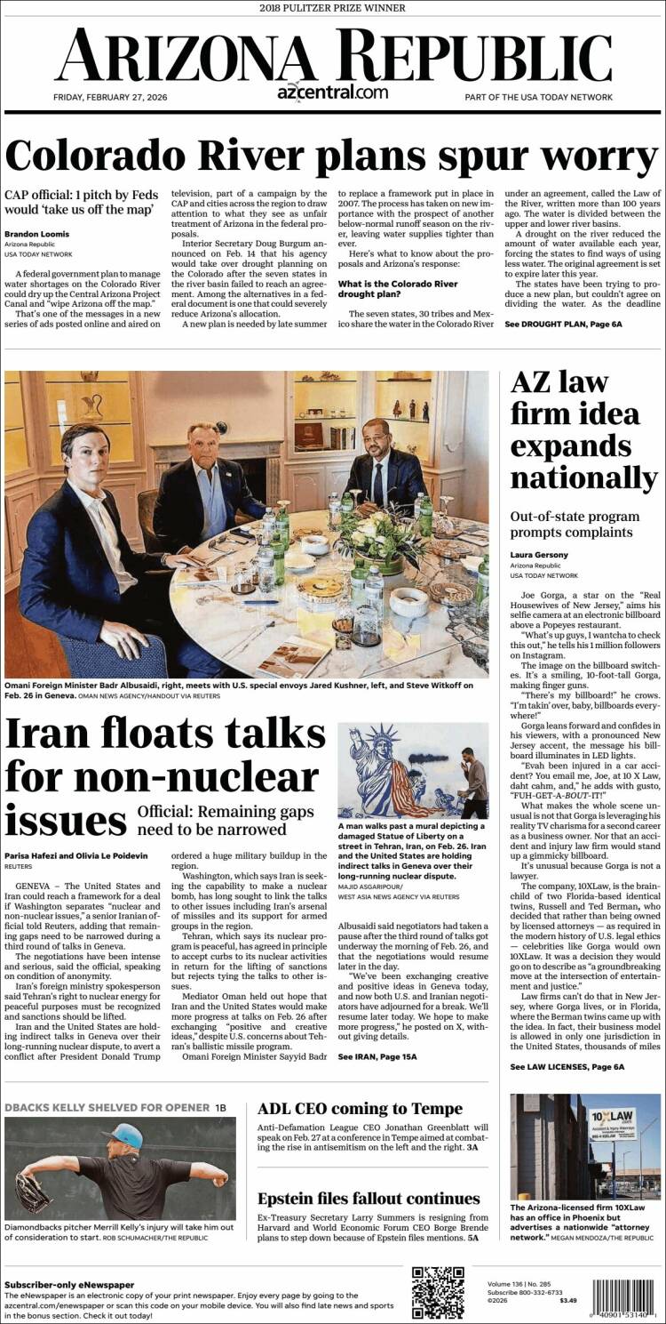 Portada de Arizona Republic News (USA)