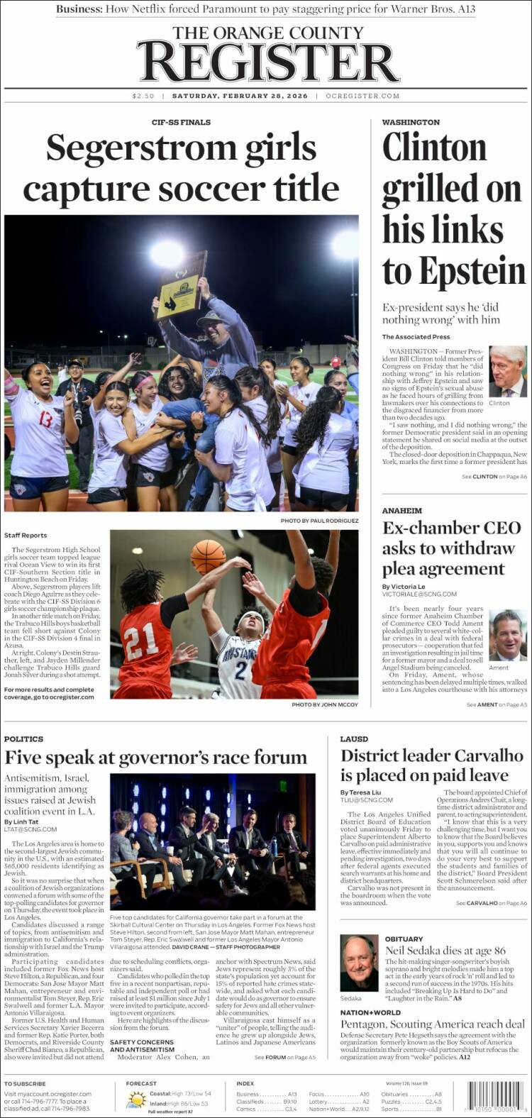 Portada de The Orange County Register (USA)