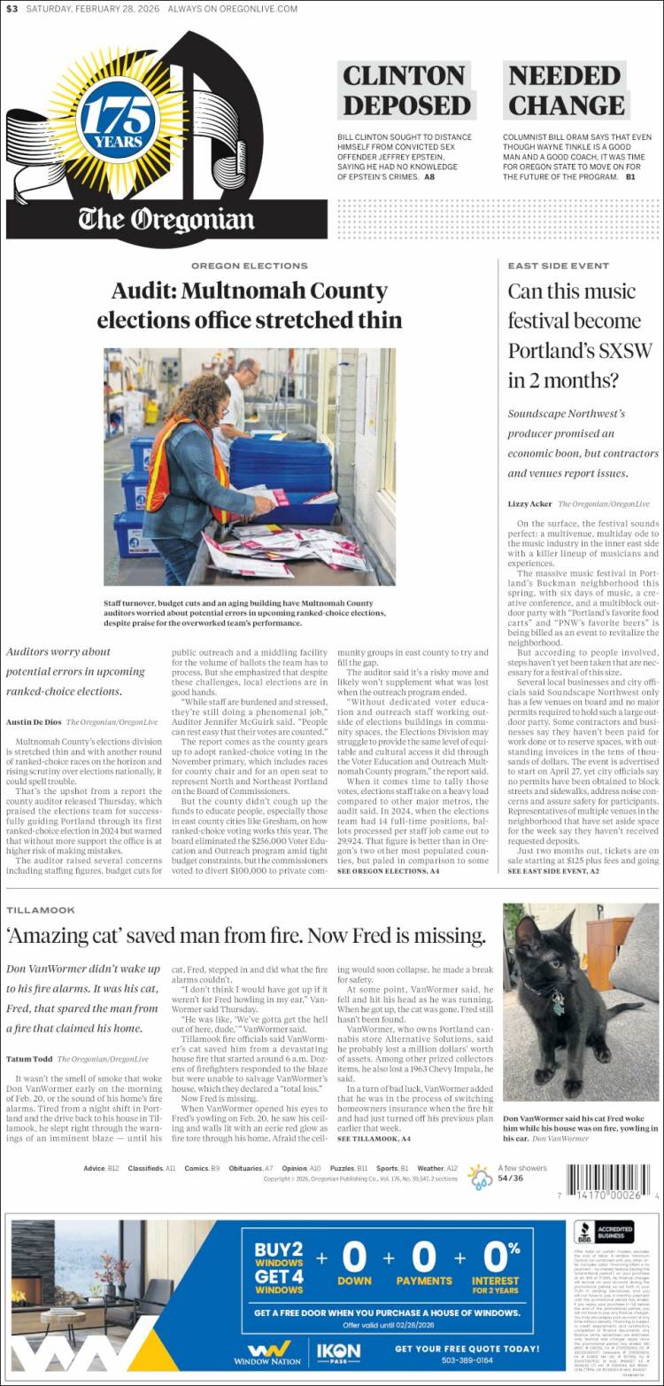 Portada de The Oregonian (USA)