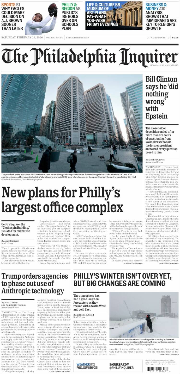 Portada de Philadelphia Inquirer (USA)