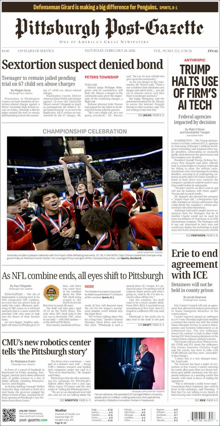 Portada de Pittsburgh Post-Gazette (USA)