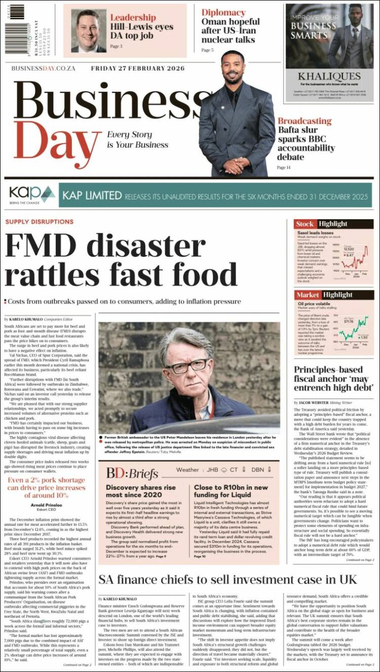 Portada de Business Day (Sud&aacute;frica)