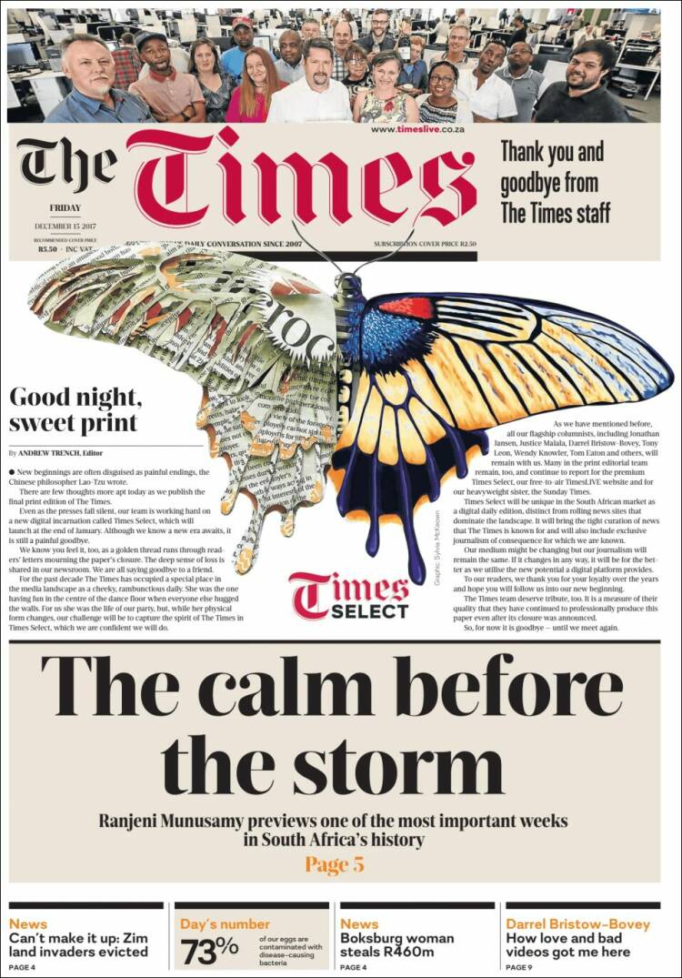 Portada de The Times (Sud&aacute;frica)