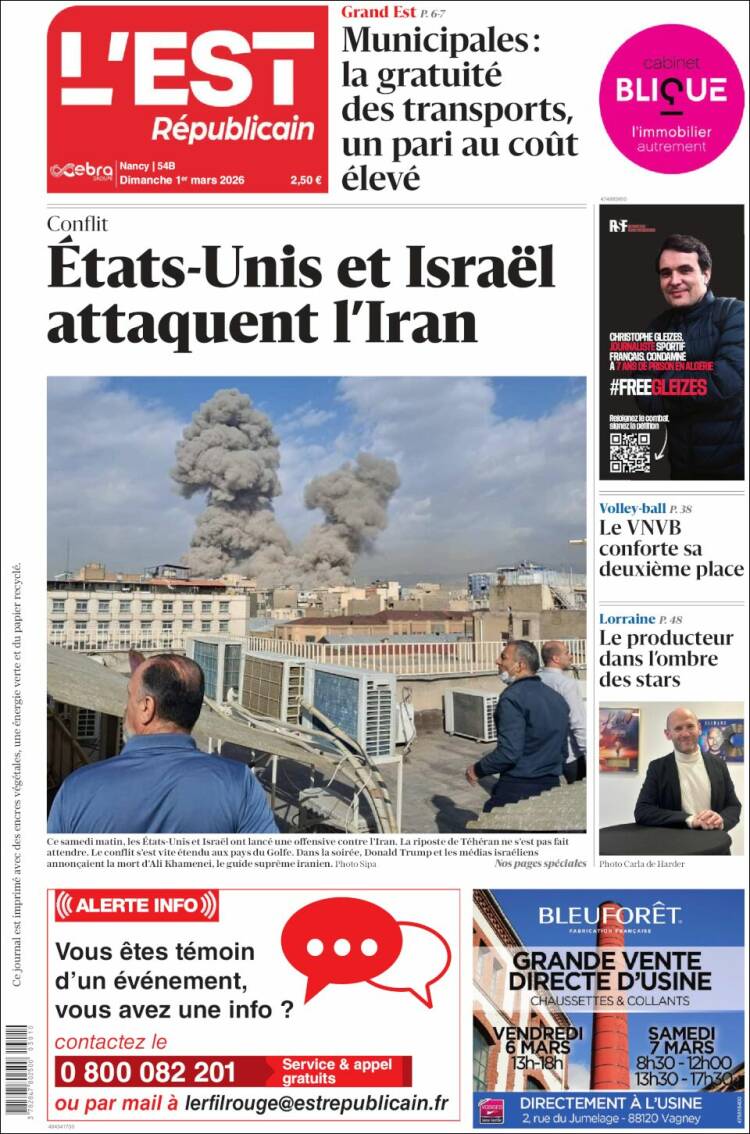 Portada de L'Est Republicain (Francia)
