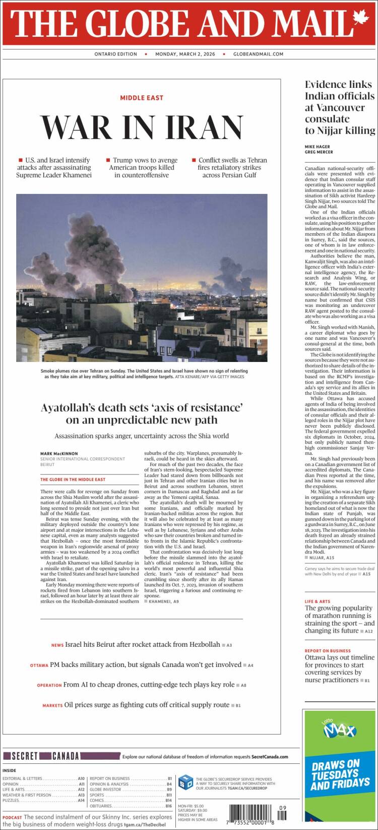 Portada de The Globe and Mail (Canad&aacute;)