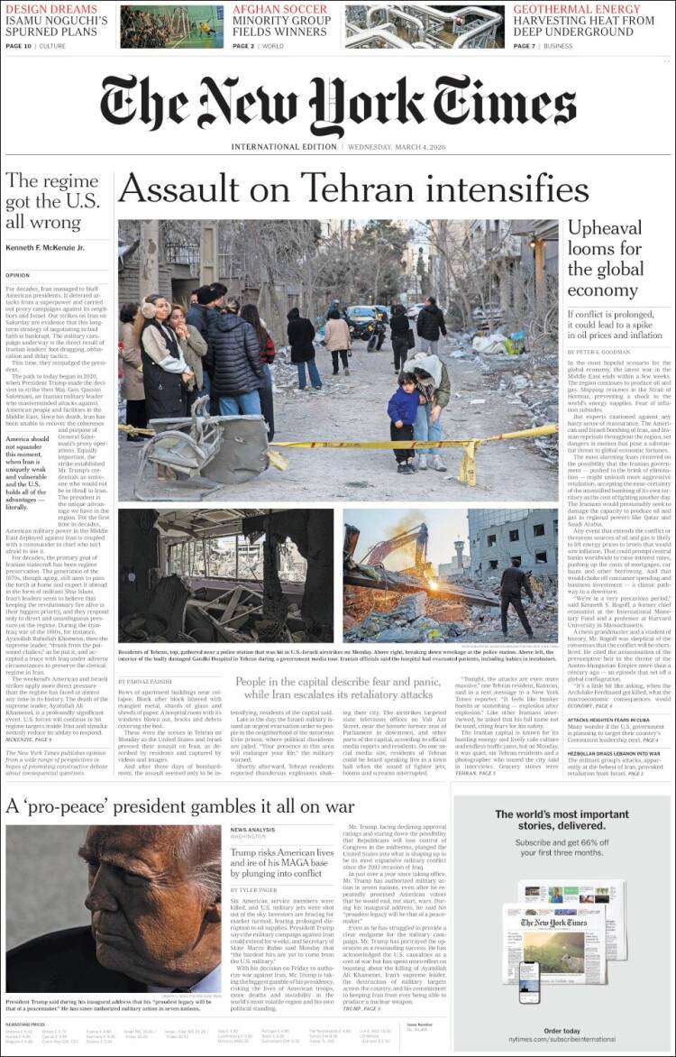 Portada de International New York Times (Europe)