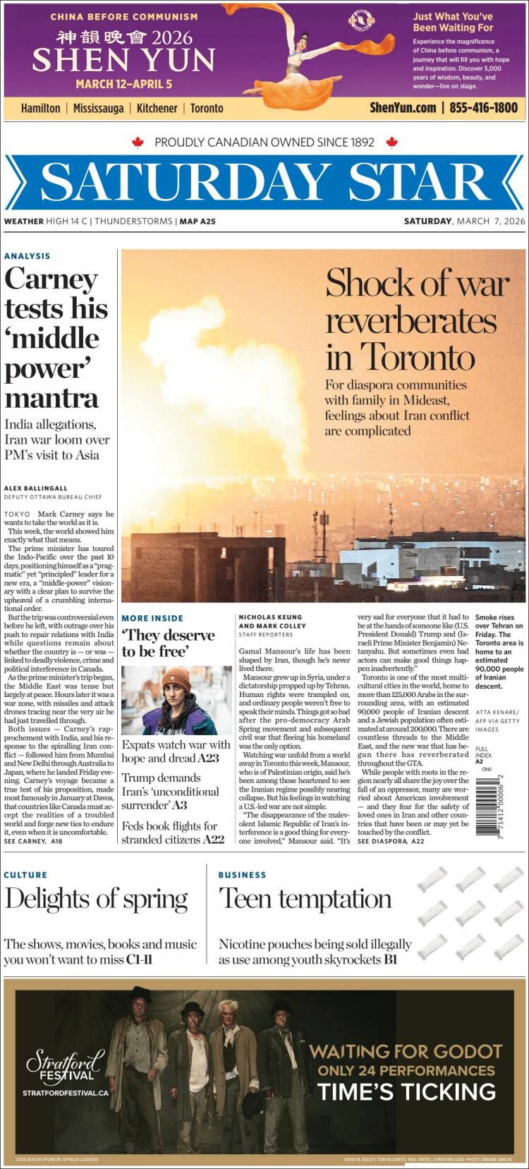 Portada de The Toronto Star (Canad&aacute;)