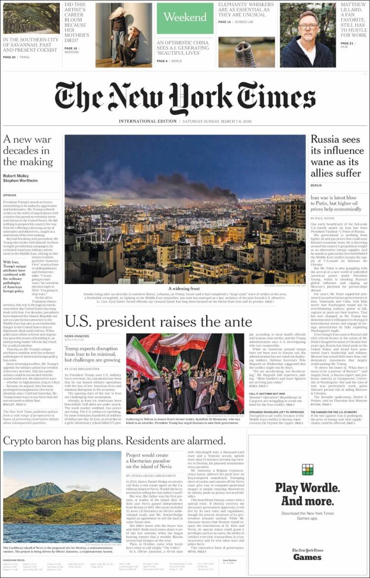 Portada de International New York Times (Europa)