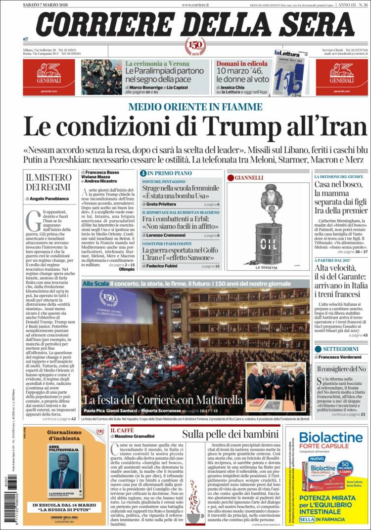 Portada de Corriere della Sera (Italia)