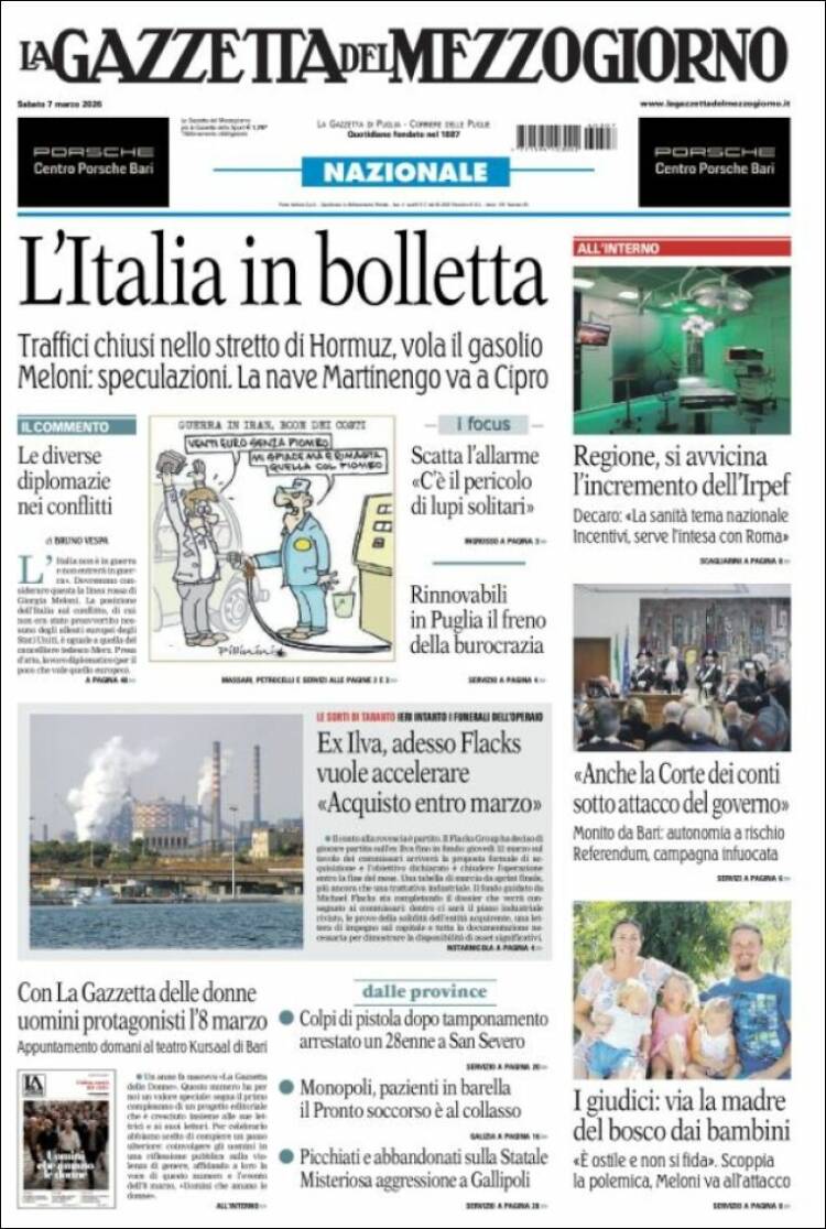 Portada de La Gazzetta del Mezzogiorno (Italia)
