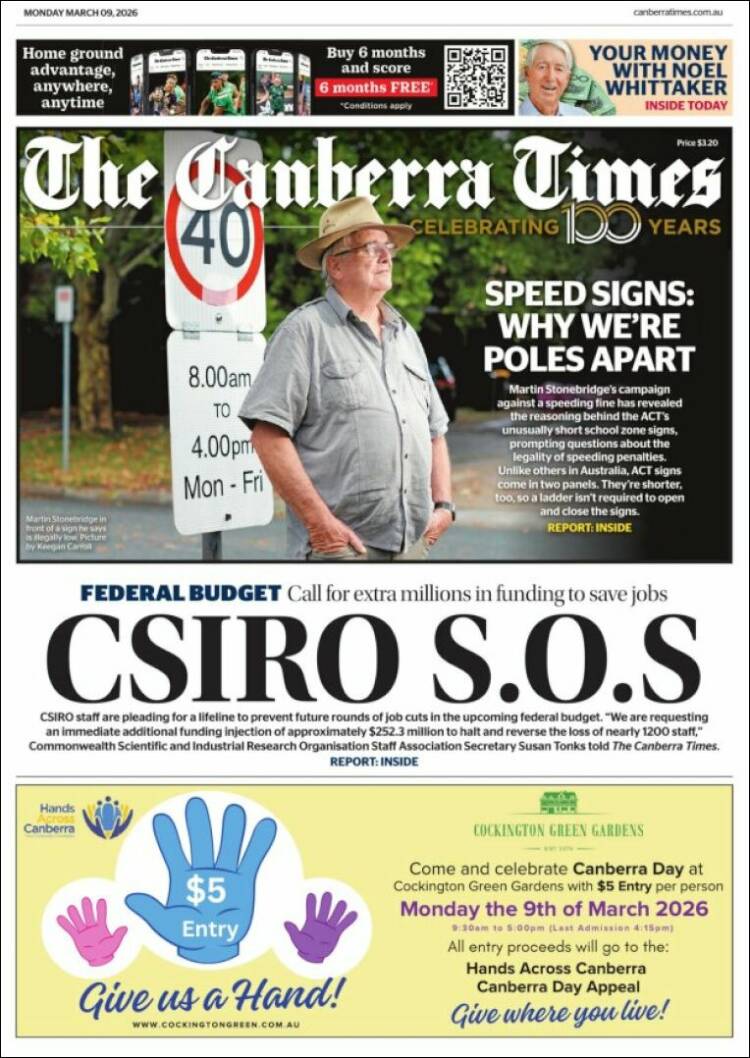Portada de The Canberra Times (Australie)