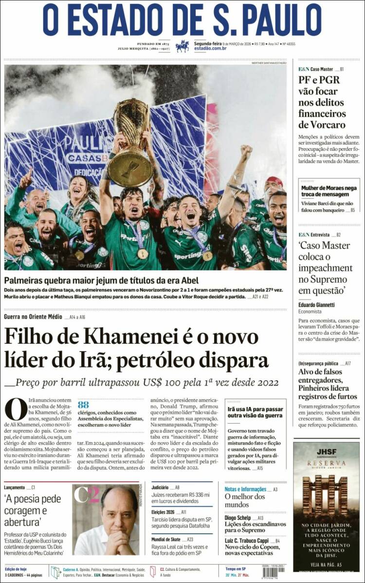 Portada de O Estado de São Paulo (Br&eacute;sil)