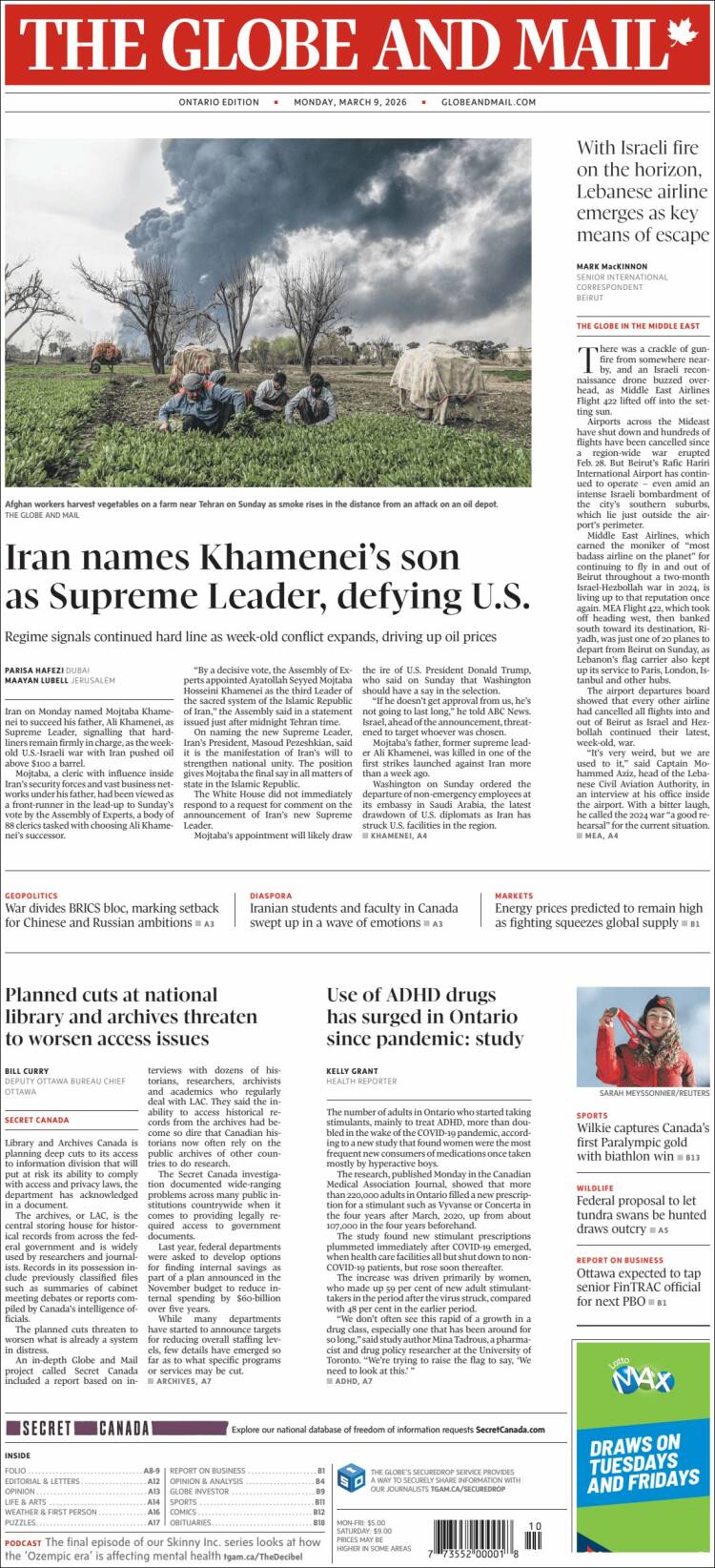 Portada de The Globe and Mail (Canada)