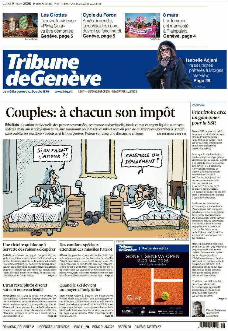 Portada de La Tribune de Genève (Suisse)