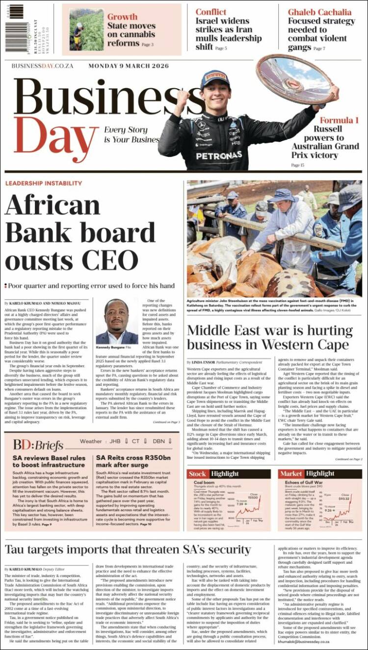 Portada de Business Day (Afrique du Sud)