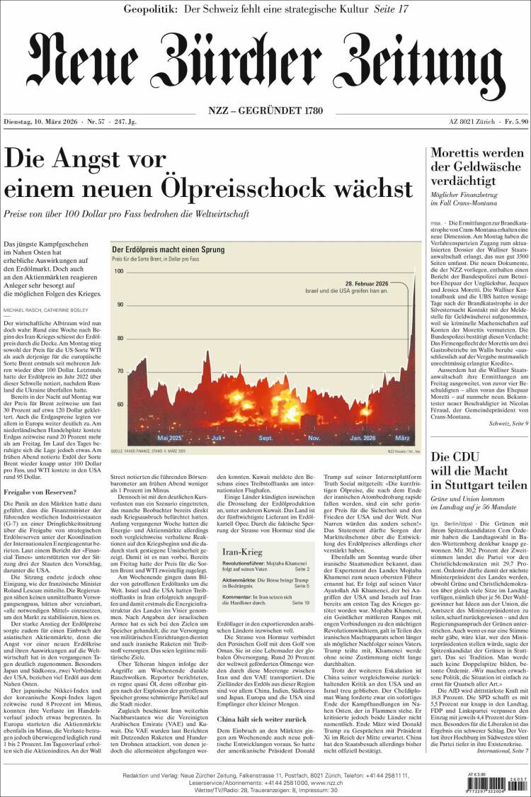 Portada de Neue Zürcher Zeitung (Suisse)