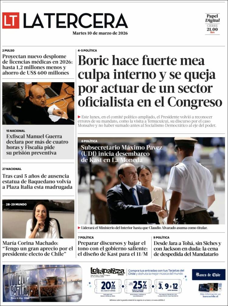 Portada de La Tercera (Chile)