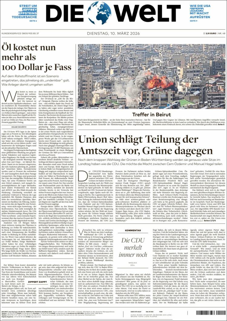 Portada de Die Welt (Germany)