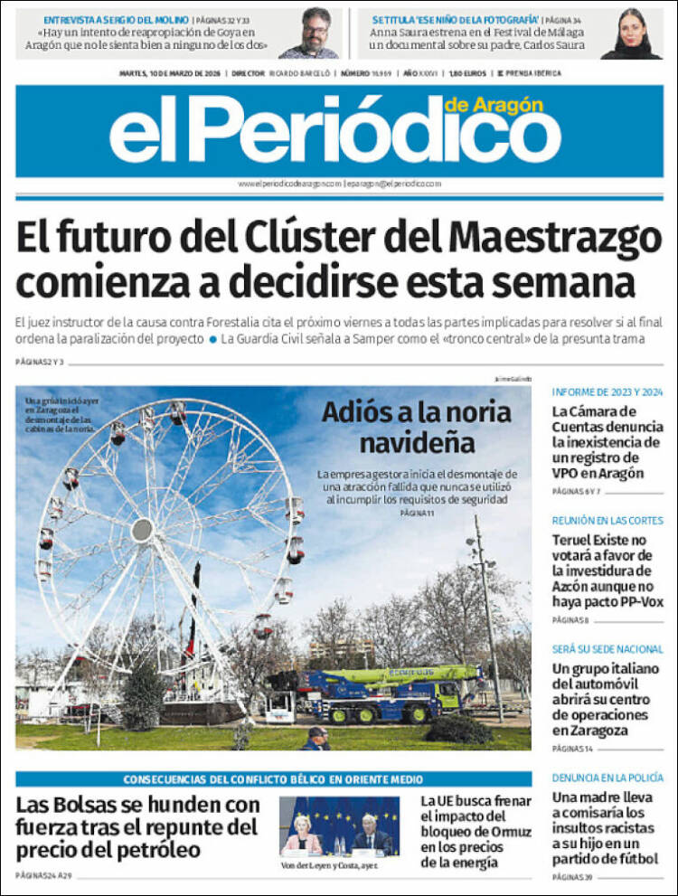 Portada de El Periódico de Aragón (Espagne)