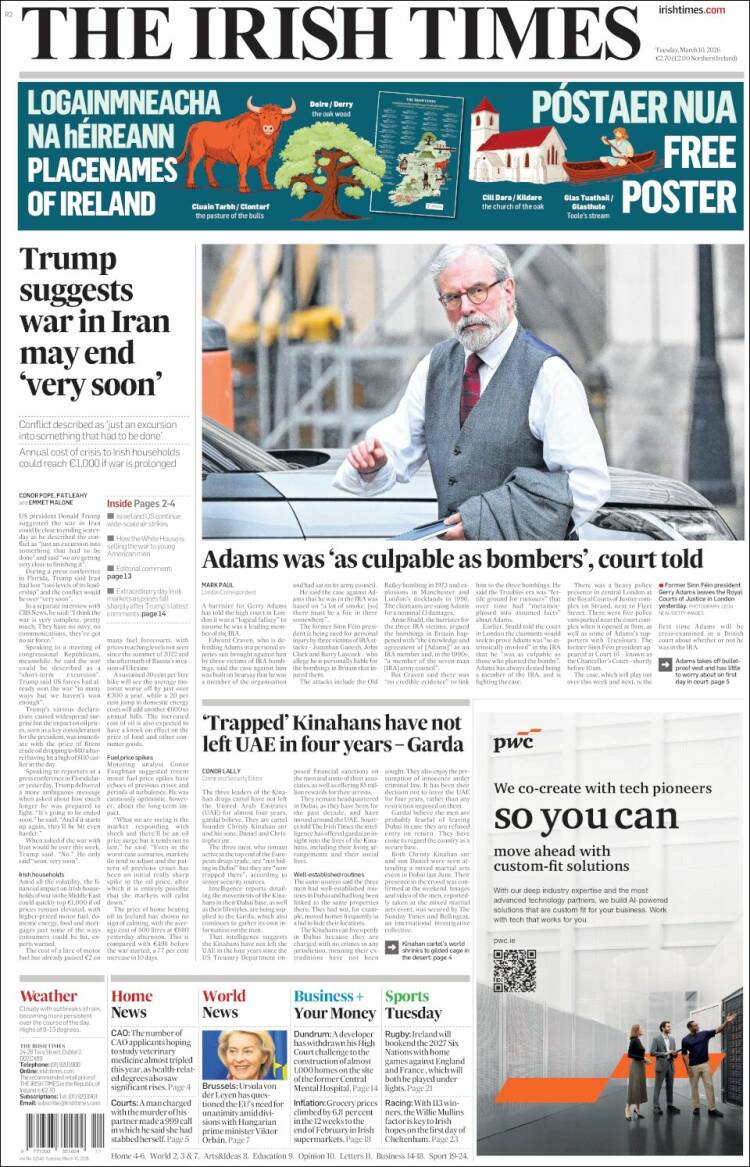 Portada de Irish Times (Irlande)