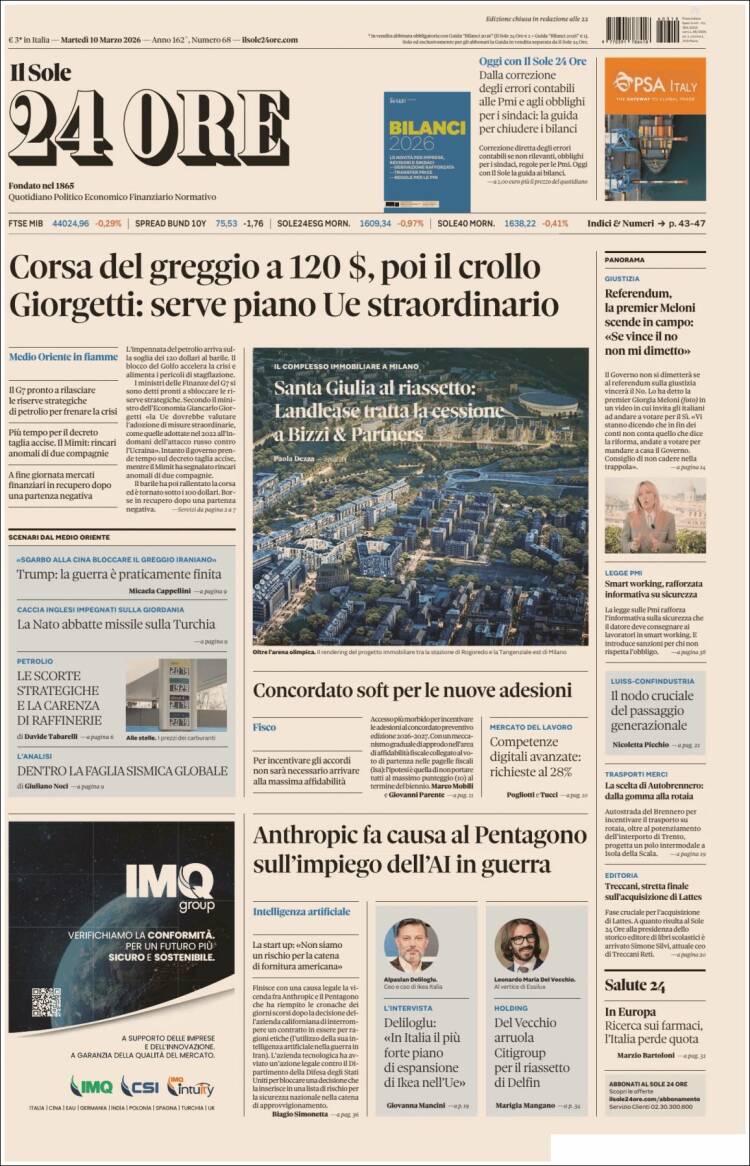 Portada de Il Sole 24 ORE (Italie)