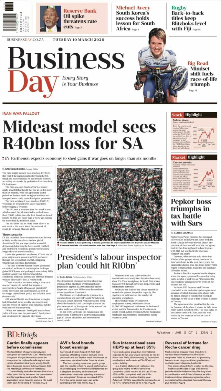 Portada de Business Day (Afrique du Sud)