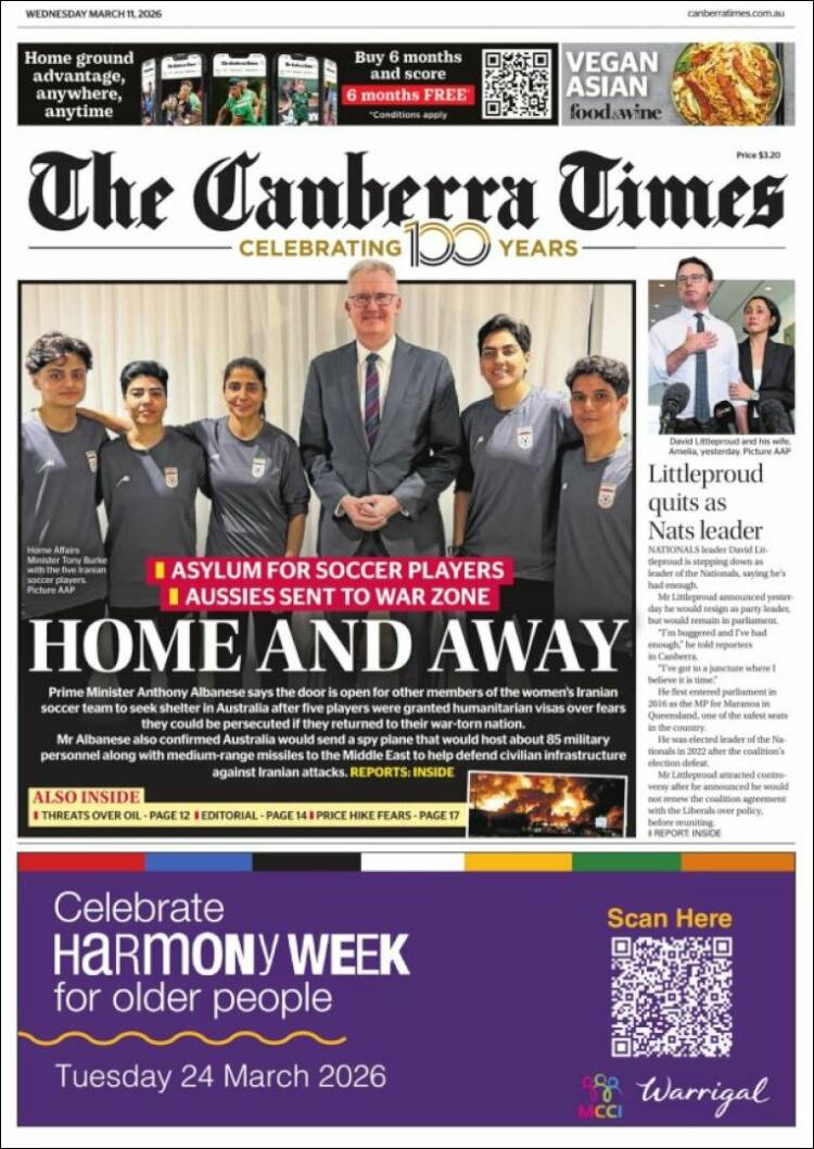 Portada de The Canberra Times (Australie)