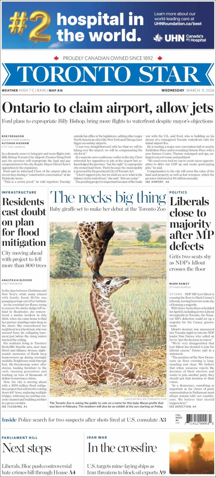 Portada de The Toronto Star (Canada)