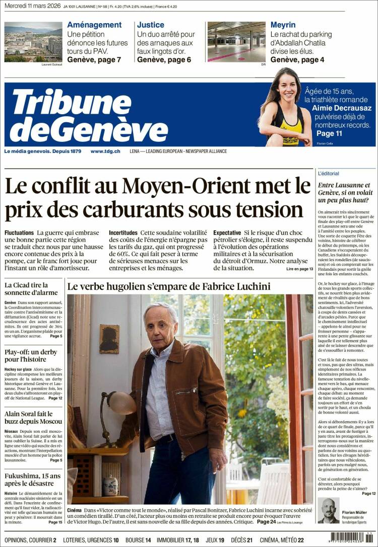 Portada de La Tribune de Genève (Suisse)