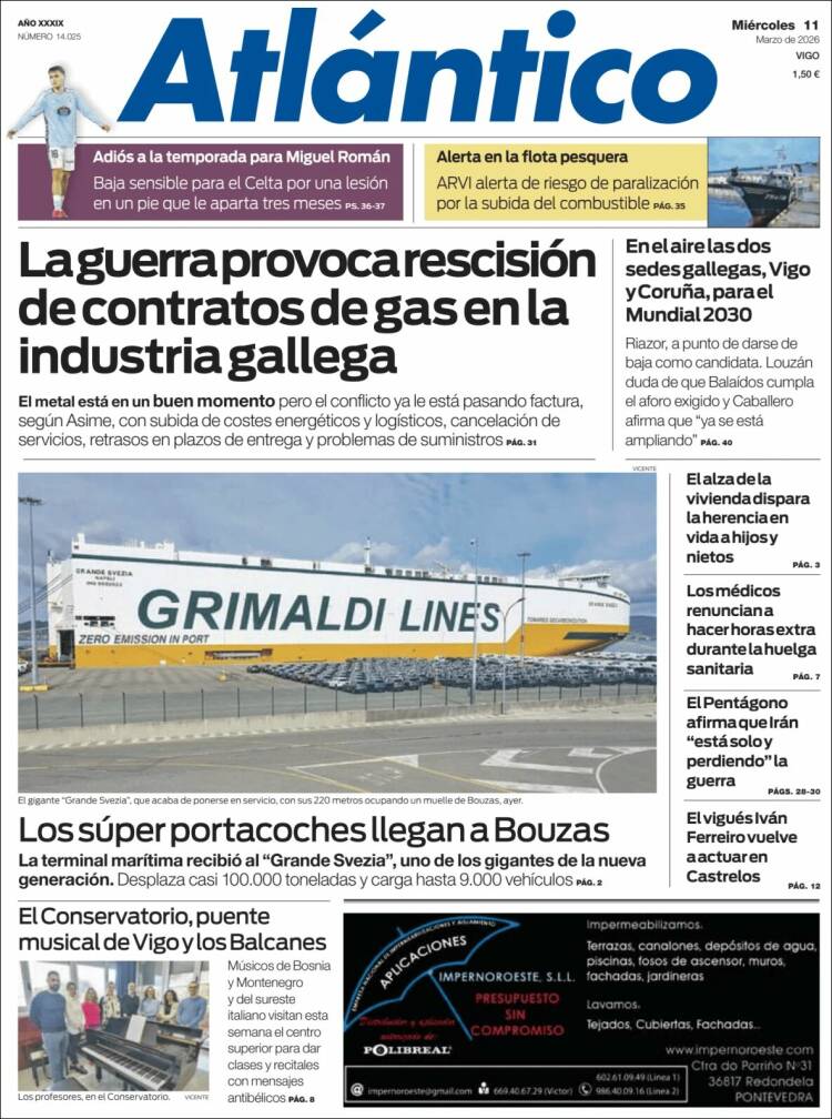 Portada de Atlántico Diario (Espagne)